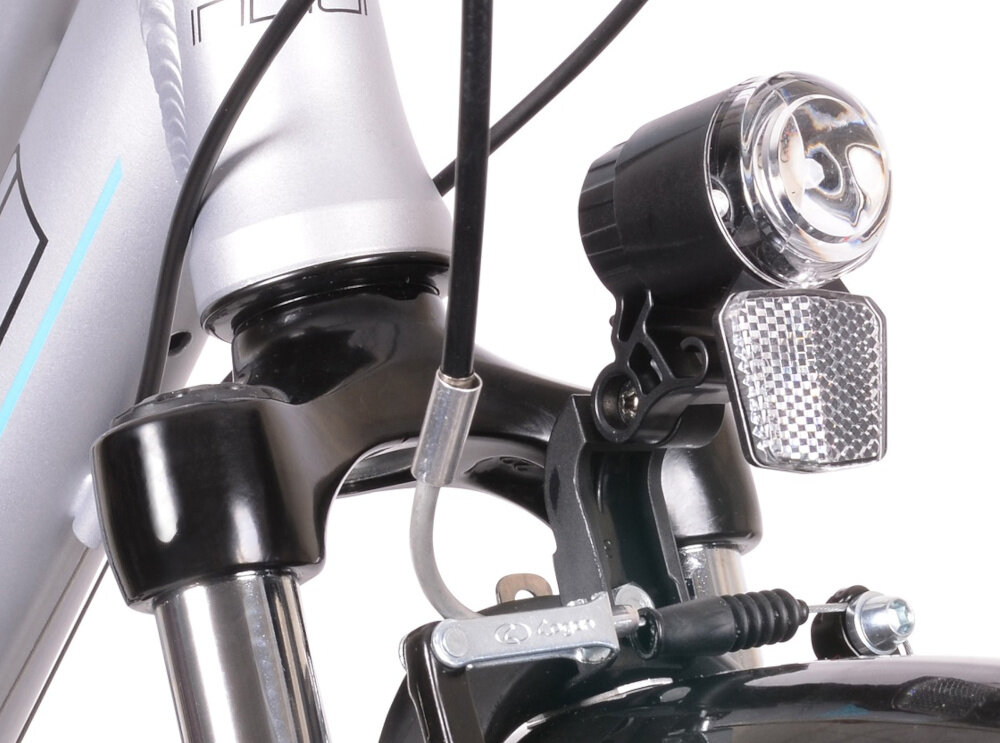 Rower trekkingowy INDIANA X-Road 1.0 D19 26 cali damski Srebrny bezpieczenstwo oswietlenie roweru przednie i tylne oswietlenie LED wymagane przez prawo drogowe