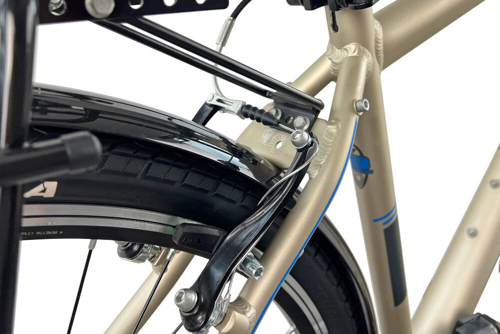 Rower trekkingowy INDIANA X-Road 1.0 M17 28 cali Amar męski Piaskowy podstawa bezpieczenstwa kazdego rowerzysty hamulce V-Brake lekkie duza sila hamowania z przodu i z tyly podwojnyb pakiet bezpieczenstwa