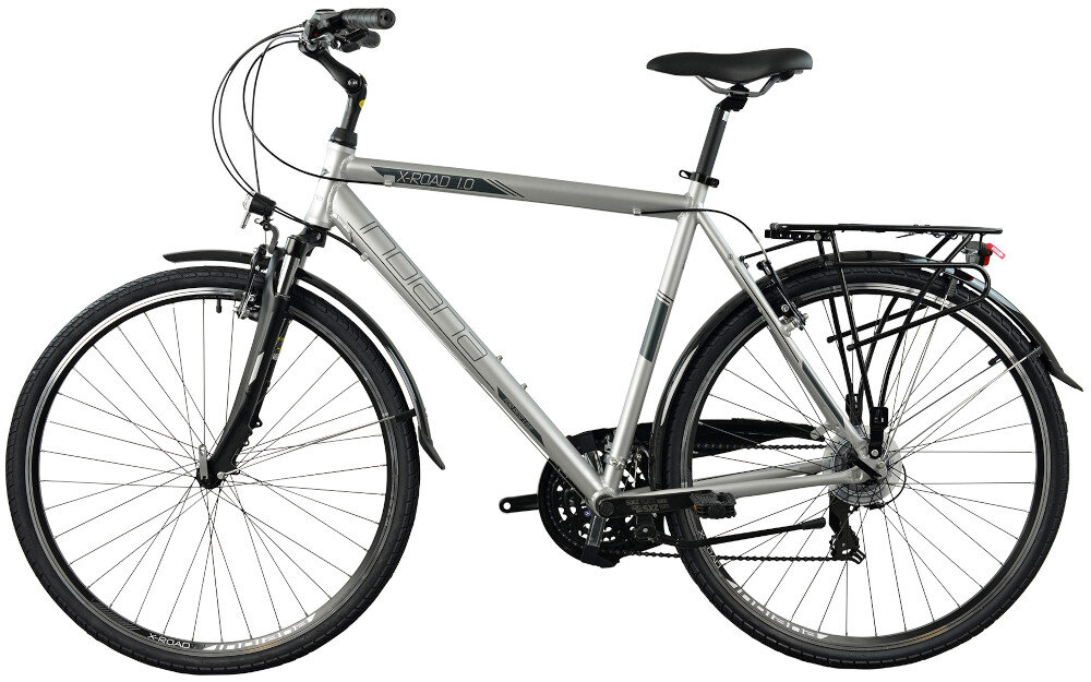 Rower trekkingowy INDIANA X-Road 1.0 M21 28 cali męski Srebrny rama aluminiowa 21-calowa rower zwinny lekki latwo go podniesc odporna na korozje wybor rozmiaru ramy Twoj wzrost mierzony w zrelaksowanej pozycji typ roweru dla osob o wzroscie od 180 do 190 cm