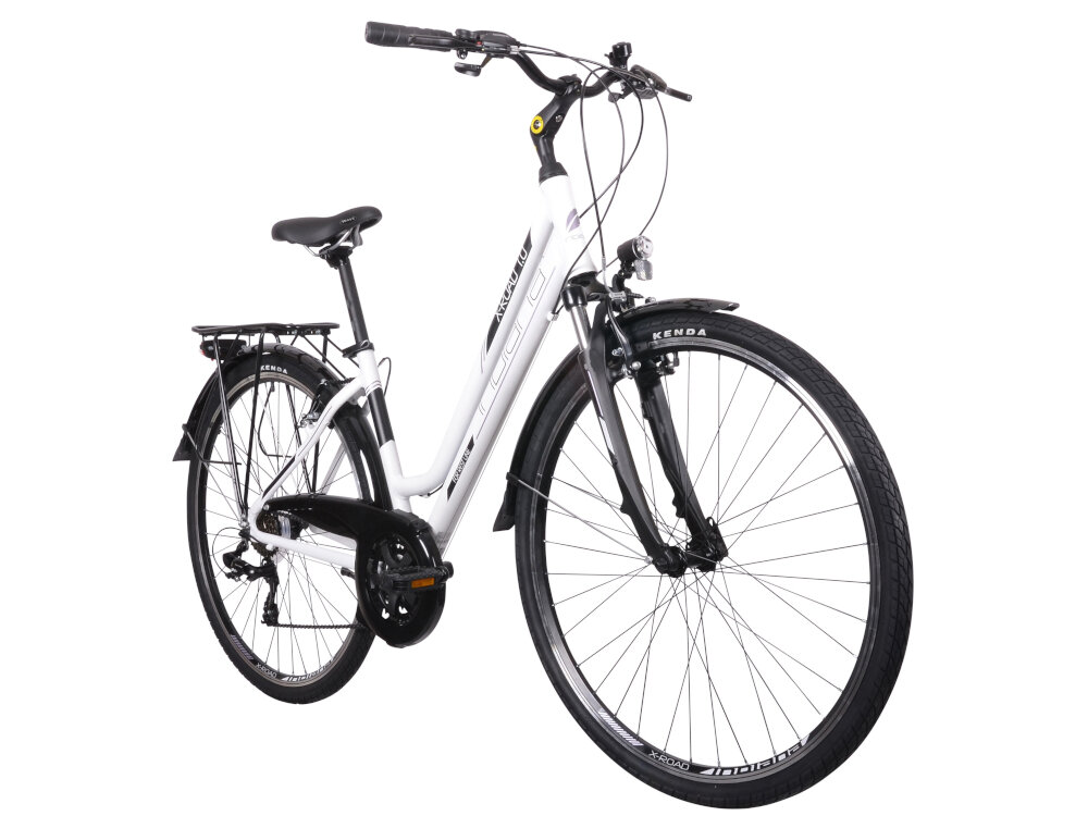 Rower trekkingowy INDIANA X-Road 1.0 D17 26 cali damski Biały do jazdy w miescie i poza miastem dla kobiet komfort jazdy po asfalcie i po nieutwardzonych drogach trekkingowa geometria jazda w niemeczacej naturalnej wyprostowanej pozycji odpowiednia widoscznosc