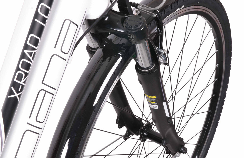 Rower trekkingowy INDIANA X-Road 1.0 D17 26 cali damski Biały rower typu hardtail przedni amortyzator marki HL Corp typ CH-141 ulatwia najezdzanie na przeszkody niweluje wstrzasy na kierownicy niska masa roweru duza sztywnosc regulacja za pomoca sprezyny