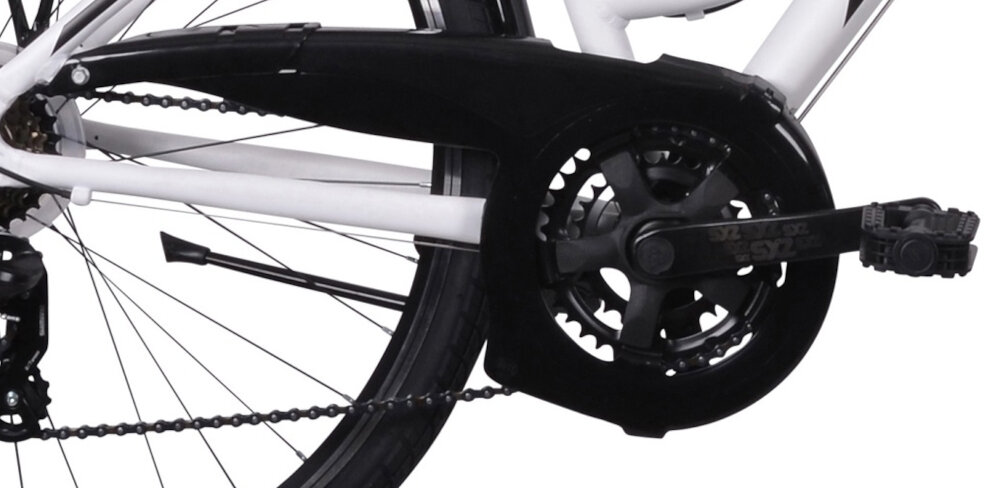 Rower trekkingowy INDIANA X-Road 1.0 D17 26 cali damski Biały oslona lancucha chroni przed brudem wydluza zywotnosc lancucha zwieksza bezpieczenstwo uzytkowania