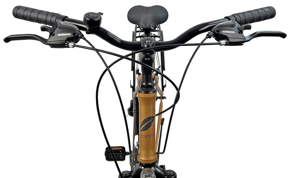 Rower trekkingowy INDIANA X-Road 1.0 D19 28 cali damski Jasnobrązowy aluminiowa kierownica marki SOVEREIGN lekka antyposlizgowy material na manetkach dzwonek