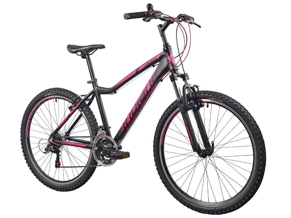 Rower górski MTB INDIANA X-Pulser 1.6 D17 26 cali damski Czarno-różowy dla kobiet liczne elementy poprawiajace wygode korzystania amortyzator odblaski podzespoly SHIMANO ciekawy ksztalt i kolorystyka wygodny bezpieczny