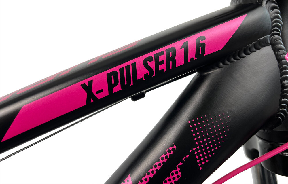 Rower górski MTB INDIANA X-Pulser 1.6 D17 26 cali damski Czarno-różowy rama odpowiednio dobrany rozmiar 17-calowa aluminiowa odporna na korozje rower bardzo zwinny lekki latwo go podniesc wybor rozmiaru ramy Twoj wzrost mierzony w zrelaksowanej pozycji typ roweru dla osob o wzroscie od 165 do 174 cm. 