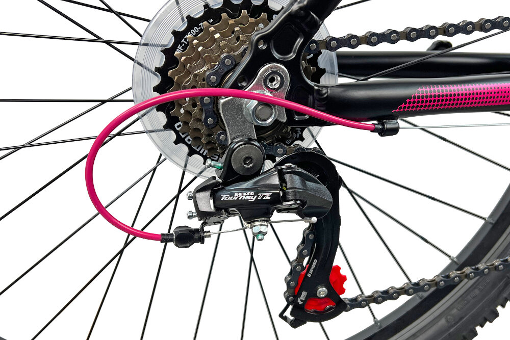 Rower górski MTB INDIANA X-Pulser 1.6 D17 26 cali damski Czarno-różowy przerzutki na przod i na tyl renomowanej marki SHIMANO 21 biegow przrzutki SHIMANO Tourney do rekreacyjnej jazdy duza wytrzymalosc sprawne dzialanie plynna bezproblemowa zmiana biegow