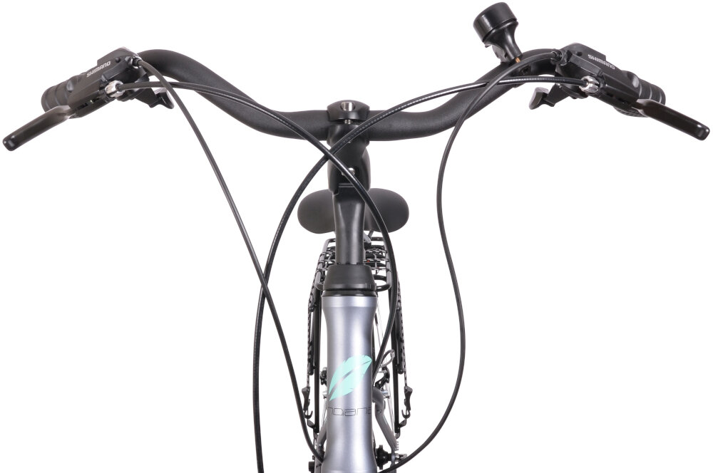 Rower trekkingowy INDIANA X-Road 3.0 D21 28 cali damski Grafitowo-czarny aluminiowa kierownica marki MODE lekka antyposlizgowy material na manetkach dzwonek