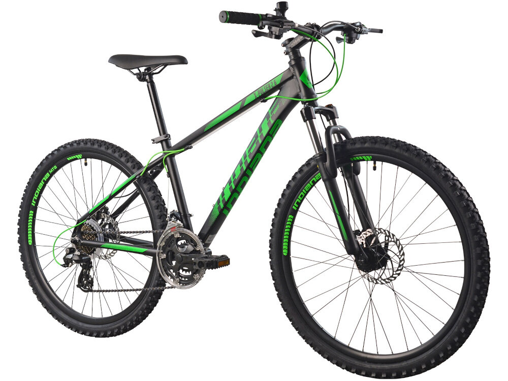 Rower górski MTB INDIANA X-Pulser 2.6 M15 26 cali męski Czarno-zielony goral dla sportowcow do jazdy wyczynowej dla kazdego amatora zwrotny latw wchodzi w zakrety do jazdy w miescie poza miastem w lesie na latwym i trudnym gorskim szlaku w niezbyt grzskim blocie nie za glebokim piachu