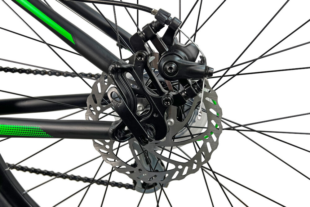 Rower górski MTB INDIANA X-Pulser 2.6 M15 26 cali męski Czarno-zielony hamulce tarczowe mechaniczne na przod i na ttyl dzialaja w kazdych warunkach pogodowych i na kazdej trasie duza sila hamowania