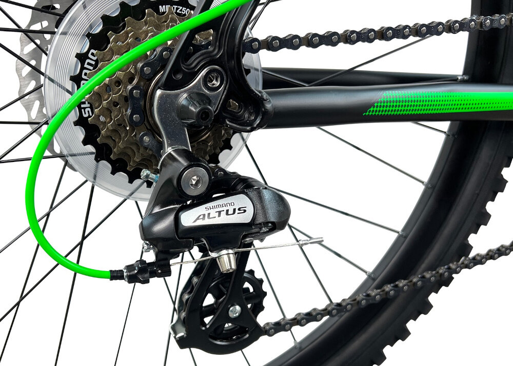 Rower górski MTB INDIANA X-Pulser 2.6 M15 26 cali męski Czarno-zielony 21 biegow przednia przrzutka SHIMANO Tourney tylna przerzutka SHIMANO Altus technologia Shadow duza wytrzymalosc sprawne dzialanie plynna bezproblemowa zmiana biegow