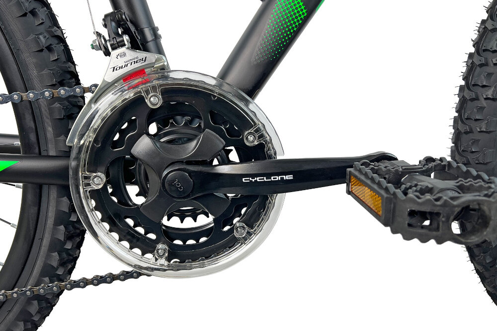 Rower górski MTB INDIANA X-Pulser 2.6 M15 26 cali męski Czarno-zielony korba CYCLONE CTL3 24-34-42 efektywne przenoszenie mocy przez pedaly wklad suportu SHIMANO MF-TZ500-7 14-28 7 Speed niezrownana solidnosc