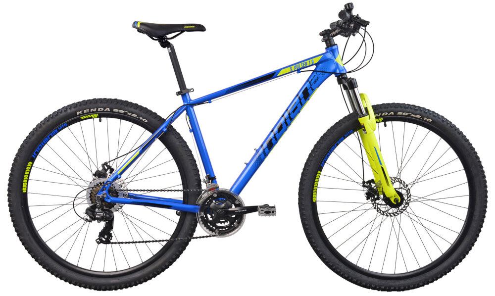 Rower górski MTB INDIANA X-Pulser 1.9 M21 29 cali męski Niebiesko-żółty dla mezczyzn amortyzator odblaski podzespoly SHIMANO ciekawy ksztalt kolorystyka wygodny bezpieczny