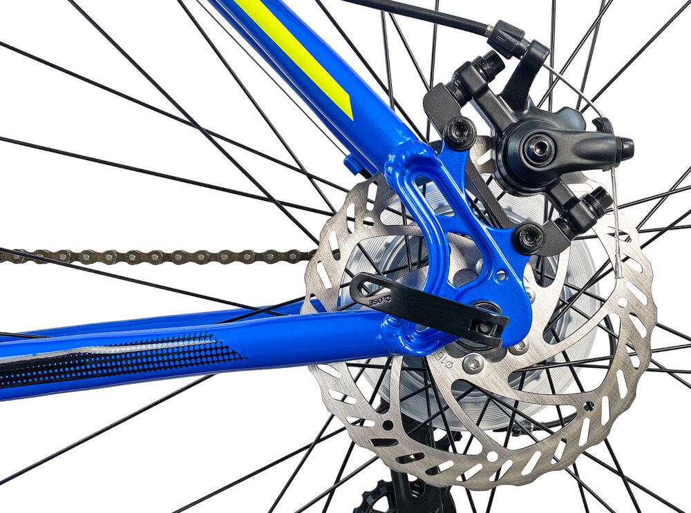 Rower górski MTB INDIANA X-Pulser 1.9 M21 29 cali męski Niebiesko-żółty hamulce podstawa bezpieczenstwa hamulce tarczowe mechaniczne sprawdzaja sie w kazdych warunkach na kazdej trasie duza sila hamowania nie ma wplywy zabrudzenia ani deszcz odblaski lepsza widocznosc na drodze