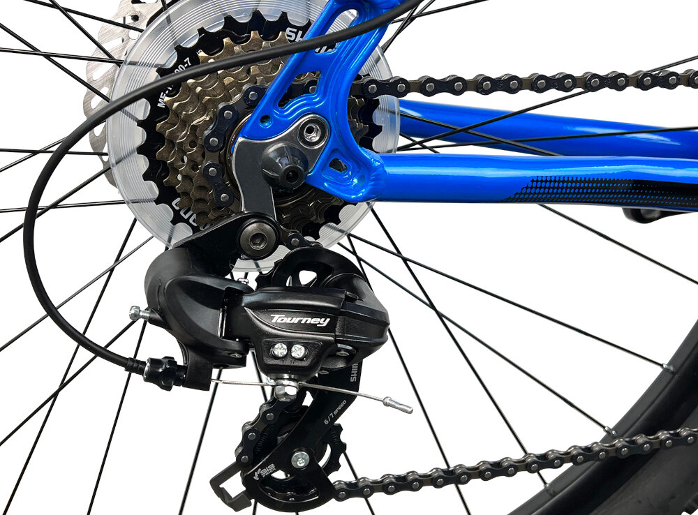 Rower górski MTB INDIANA X-Pulser 1.9 M21 29 cali męski Niebiesko-żółty przerzutki na przod i na tyl SHIMANO Tourney duza wytrzymalosc sprawne dzialanie plynna bezproblemowa zmiana biegow 21 biegow