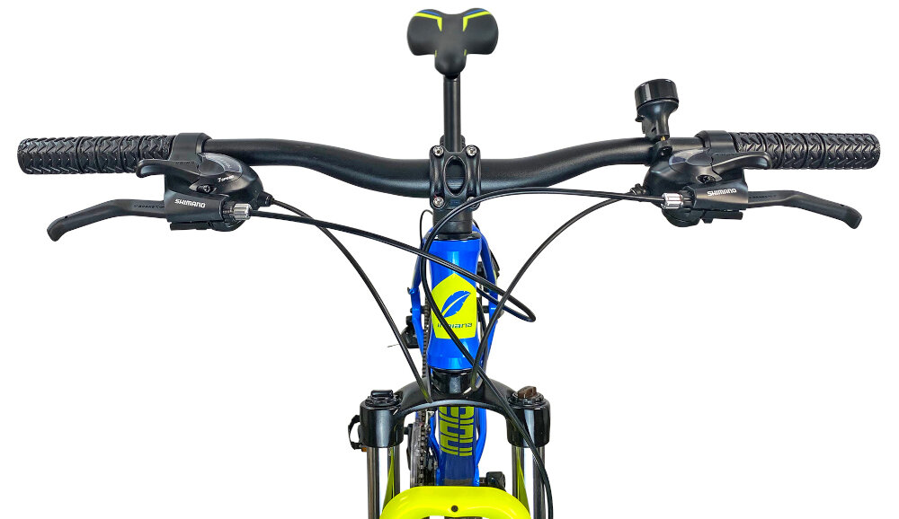 Rower górski MTB INDIANA X-Pulser 1.9 M21 29 cali męski Niebiesko-żółty kierownica marki SOVEREIGN typ SE-707 FOV W.680 niezawodnosc trwalosc manetki specjalny antyposlizgowy material dzwonek