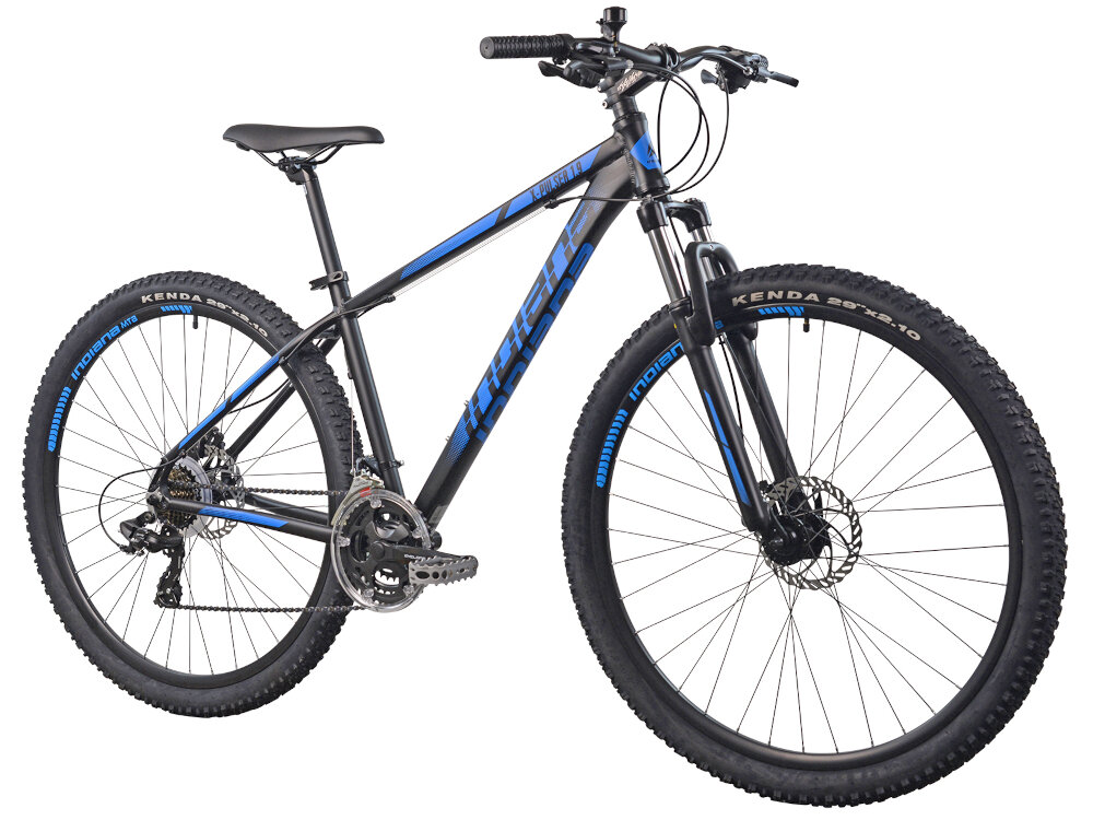 Rower górski MTB INDIANA X-Pulser 1.9 M17 29 cali męski Czarno-niebieski dla mezczyzn amortyzator odblaski podzespoly SHIMANO ciekawy ksztalt kolorystyka wygodny bezpieczny