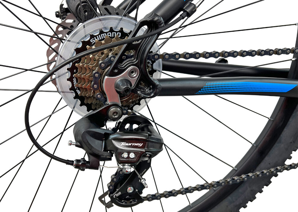 Rower górski MTB INDIANA X-Pulser 1.9 M17 29 cali męski Czarno-niebieski przerzutki na przod i na tyl SHIMANO Tourney duza wytrzymalosc sprawne dzialanie plynna bezproblemowa zmiana biegow 21 biegow