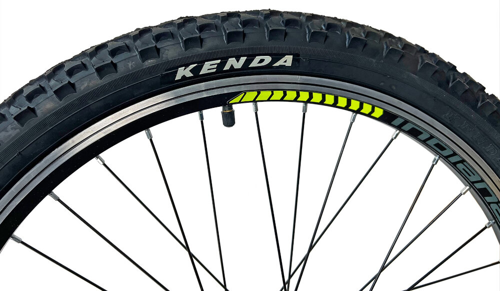 Rower młodzieżowy INDIANA X-Pluser 2.4 24 cale dla chłopca Czarno-żółty kola 24-calowe wysokiej klasy opony marki KENDA doskonala przyczepnosc najwyzszy kom regularne sprawdzanie cisnienia powietrza wartosc na bocznej czesci opony