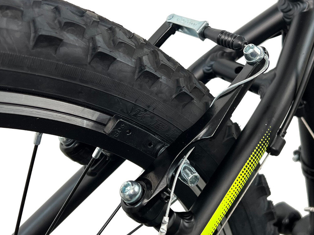 Rower młodzieżowy INDIANA X-Pluser 2.4 24 cale dla chłopca Czarno-żółty hamulce typu V-Break na przod na tyl szybki czas reakcji niemal bezawaryjne dzialaja na kazdej nawierzchni podstawa bezpieczenstwa kazdego rowerzysty odblaski dziecko lepiej widoczne na drodze bezpieczniejsze