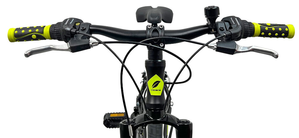 Rower młodzieżowy INDIANA X-Pluser 2.4 24 cale dla chłopca Czarno-żółty najwyzszy komfort jazdy dziecko nie odczuje dyskomfortu ma zapewniona odpowiednia pozycje ciala uchwyty kierownicy antyposlizgowy material dzwonek bezpieczna jazda