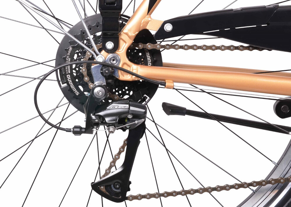 Rower trekkingowy INDIANA X-Road 3.0 D17 28 cali damski Czarno-brązowy 21 biegi przednia przerzutka SHIMANO Tourney tylna przerzutka SHIMANO Acera duza wytrzymalosc sprawne dzialanie plynna bezproblemowa zmiana biegow