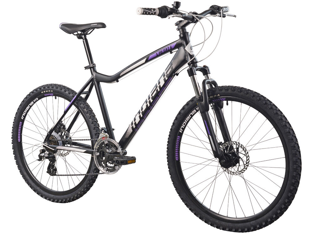 Rower górski MTB INDIANA X-Pulser 2.6 D17 26 cali damski Czarno-biało-fioletowy goral dla sportowcow do jazdy wyczynowej dla kazdego amatora zwrotny latw wchodzi w zakrety do jazdy w miescie poza miastem w lesie na latwym i trudnym gorskim szlaku w niezbyt grzskim blocie nie za glebokim piachu