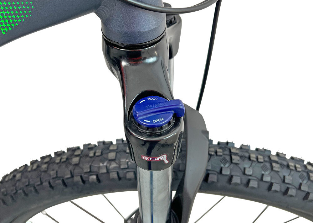 Rower górski MTB INDIANA X-Pulser 3.7 M21 27.5 cala męski Czarno-grafitowo-zielony rower typu hardtail przedni amortyzator marki SUNTOUR typ XCT 650B HLO 1 1/8 ulatwia najezdzanie na przeszkody niweluje wstrzasy na kierownicy niska masa roweru duza sztywnosc regulowana za pomoca stalowej sprezyny