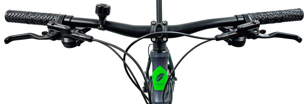 Rower górski MTB INDIANA X-Pulser 3.7 M21 27.5 cala męski Czarno-grafitowo-zielony kierownica marka MODE typ HB-023 FOV W.680 gieta aluminiowa lekka trwla manetki antyposlizgowy material pewny chwyt dlonie nei slizgaja bezpieczna jazda sie dzwonek na kierownicy