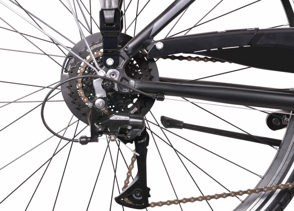 Rower trekkingowy INDIANA X-Road 3.0 D15 28 cali damski Czarno-fioletowy 21 biegi przednia przerzutka SHIMANO Tourney tylna przerzutka SHIMANO Acera duza wytrzymalosc sprawne dzialanie plynna bezproblemowa zmiana biegow