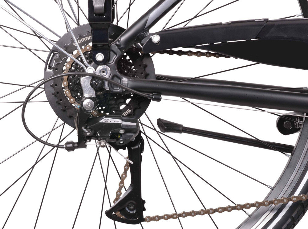 Rower trekkingowy INDIANA X-Road 3.0 D17 28 cali damski Czarno-fioletowy 24 biegi przednia przerzutka SHIMANO Tourney tylna SHIMANO Acera duza wtrzymalosc sprawne dzialanie plynna bezproblemowa zmiana biegow