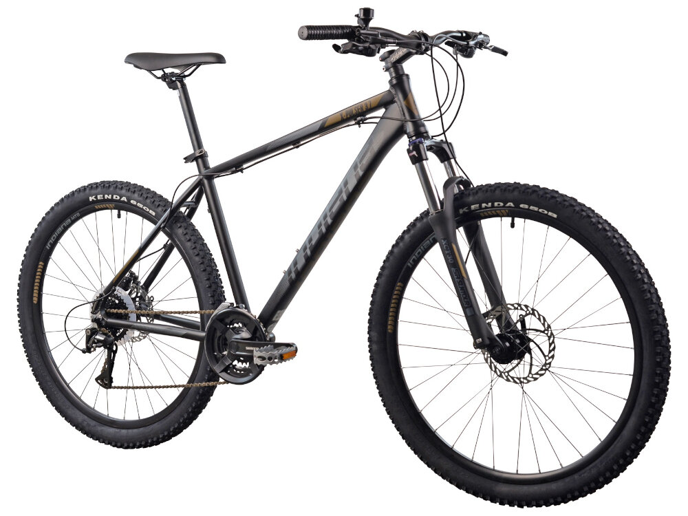 Rower górski MTB INDIANA X-Pulser 3.7 M21 27.5 cala męski Czarno-brązowy goral dla sportowcow dla kazdego amatora zwrotny latwo wchodzi w zakrety do jazdy w miescie poza miastem w lesie na latwym i trudnym gorskim szlaku w niezbyt grzaskim blocie nie za glebokim piachu