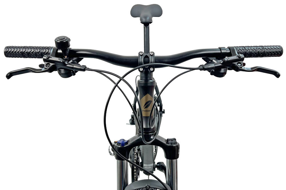 Rower górski MTB INDIANA X-Pulser 3.7 M21 27.5 cala męski Czarno-brązowy kierownica marka MODE typ HB-023 FOV W.680 gieta aluminiowa lekka trwla manetki antyposlizgowy material pewny chwyt dlonie nei slizgaja bezpieczna jazda sie dzwonek na kierownicy