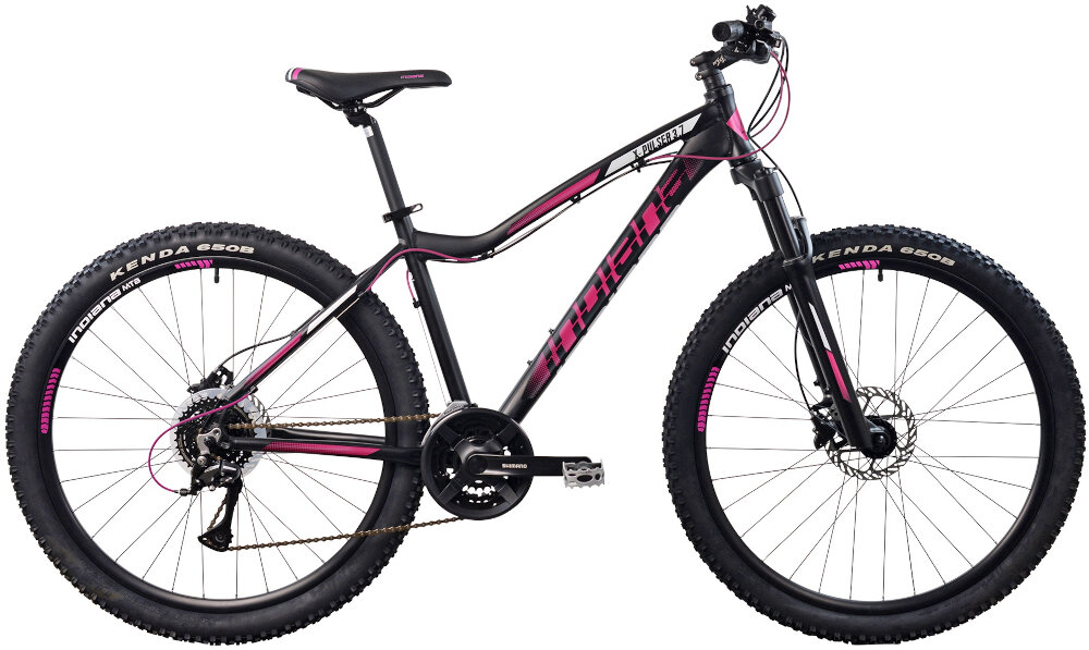 Rower górski MTB INDIANA X-Pulser 3.7 D15 27.5 cala damski Czarno-różowy populrany goral dla sportowcow i amatorow zwrotny latwo wchodzi w zakrety do jazdy w miescie poza miastem w lesie na latwym i trudnym gorskim szlaku w niezbyt grzaskim blocie nie za glebokim piachu