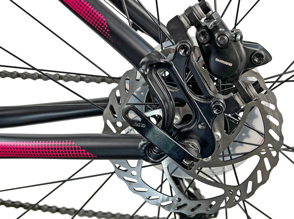 Rower górski MTB INDIANA X-Pulser 3.7 D15 27.5 cala damski Czarno-różowy podstawa bezpieczenstwa kazdego rowerzysty hamulce tarczowe hydrauliczne marki SHIMANO Altus duza sila hamowania sprawdzaja sie w kazdych warunkach pogodowych i na kazdej trasie plyn hamulcowy bardziej precyzyjne okreslenie mocy hamowania odblaski lepiej widoczny na drodze