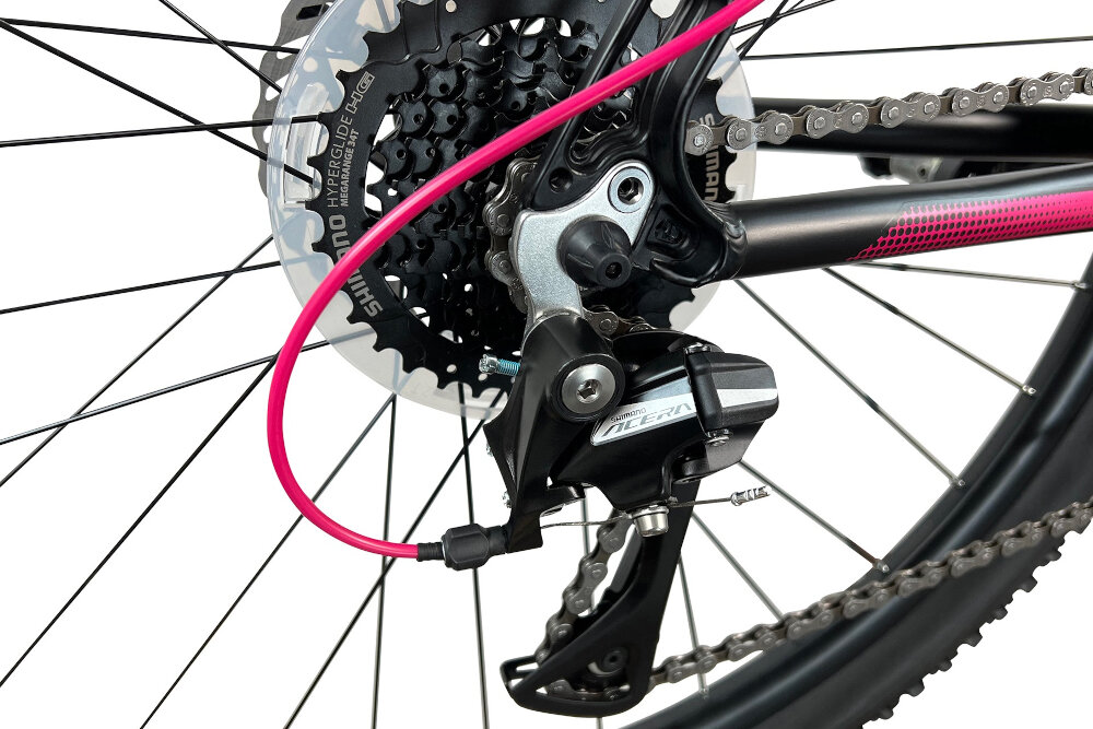 Rower górski MTB INDIANA X-Pulser 3.7 D15 27.5 cala damski Czarno-różowy przerzutki przednia SHIMANO Tourney tylna SHIMANO Acera duza wytrzymalosc sprawne dzialanie plynna bezproblemowa zmiana biegow 24 biegow