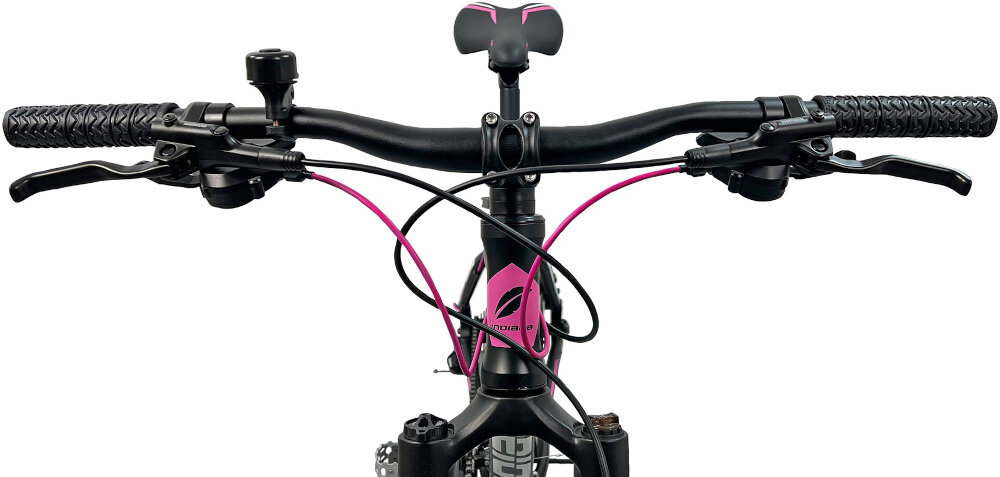 Rower górski MTB INDIANA X-Pulser 3.7 D15 27.5 cala damski Czarno-różowy kierownica gieta aluminiowa marka MODE typ HB-023 FOV W.680 lekka trwala specjalny antyposlizowy material dlonie nie slizgaja sie bezpieczna jazda dzwonek