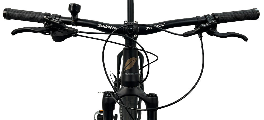 Rower górski MTB INDIANA X-Pulser 6.9 M21 29 cali męski Czarno-brązowy kierownica ieta aluminiowa marka MODE typ MD-HB023 W.700 FOV lekka trwala manetki antyposlizgowy material dlonie nie slizaja sie bezpieczna jazda dzwonek