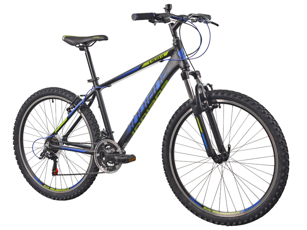 Rower górski MTB INDIANA X-Pulser 1.6 M17 26 cali męski Czarno-niebieski goal dla sportowcow do jazdy wyczynowej uniwersalny dla amatorow zwrotny latwo wchodzi w zakrety do jazdy w miescie za miastem w lesie na latwym i trudnym gorskim szlaku w niezbyt grzaskim blocie nie za glebokim piachu