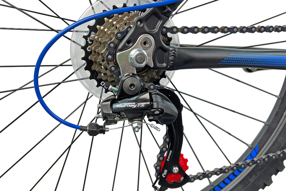 Rower górski MTB INDIANA X-Pulser 1.6 M17 26 cali męski Czarno-niebieski 21 biegow  przerzutki na przod i tyl SHIMANO Tourney duza wytrzymalosc sprawne dzialanie plynna bezproblemowa zmiana biegow