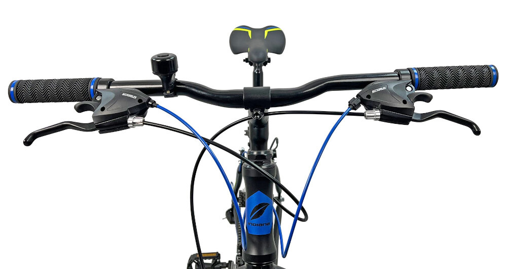 Rower górski MTB INDIANA X-Pulser 1.6 M17 26 cali męski Czarno-niebieski kierownica marka SOVEREIGN typ SE-707 W.640 lekka trwala  antyposlizgowy matrial dlonie nie slizgaja sie  jazda jest bezpieczna dzwonek