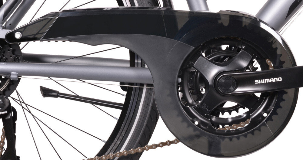 Rower trekkingowy INDIANA X-Road 3.0 D19 26 cali damski Grafitowy oslona lancucha lancuch chroniony przed brudem dluzsza zywotnosc lancucha bezpieczne uzytkowanie