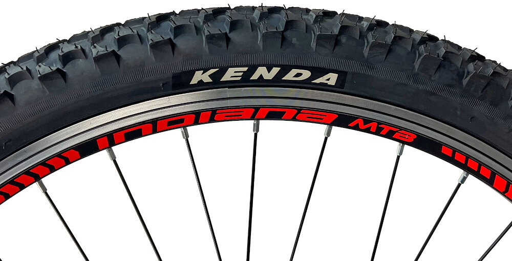 Rower górski MTB INDIANA X-Pulser 1.6 M19 26 cali męski Czarno-czerwony kola rozmiar 26 cali latwiej pokonac przeszkody wiekszy kontakt kola z podlozem szerokie opony marki KENDA dobra przyczepnosc dwusciankowe obrecze zachowanie regularnego ksztaltu kol stabilne trzymanie opony regularne sprawdzanie cisnienia powietrza wartosc na bocznej czesci opony