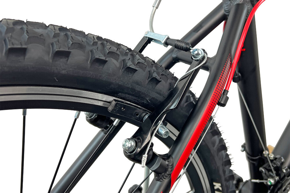 Rower górski MTB INDIANA X-Pulser 1.6 M19 26 cali męski Czarno-czerwony podstawa bezpieczenstwa hamulce typu V-Brake na przod i na tyl lekkie duza sila hamowania
