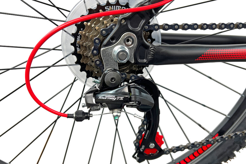 Rower górski MTB INDIANA X-Pulser 1.6 M19 26 cali męski Czarno-czerwony 21 biegow przerzutki marki SHIMANO Tourney na przod i na tyl duza wytrzymalosc sprawne dzialanie plynna bezproblemowa zmiana biegow