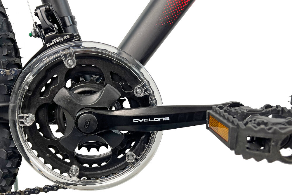Rower górski MTB INDIANA X-Pulser 1.6 M19 26 cali męski Czarno-czerwony korba CYCLONE typ CTL3 24-34-42/170 Nera wolnobieg SHIMANO MF-TZ500 wytrzyma bardzo duzy nacisk na pedaly