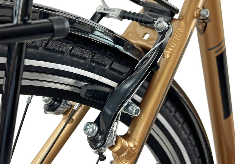 Rower trekkingowy INDIANA X-Road 3.0 M23 28 cali Apse męski Brązowo-czarny podstawa bezpieczenstwa hamulce V-Brake na przod i na tyl lekkie duza sila hamowania