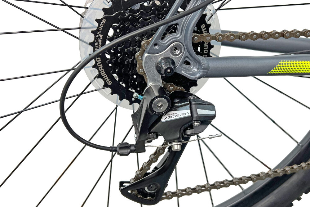 Rower górski MTB INDIANA X-Pulser 2.9 M21 29 cali męski Szaro-żółty przerzutki przednia SHIMANO Tourney tylna SHIMANO Acera duza wytrzymalosc sprawne dzialanie plynna bezproblemowa zmiana biegow 24 biegow