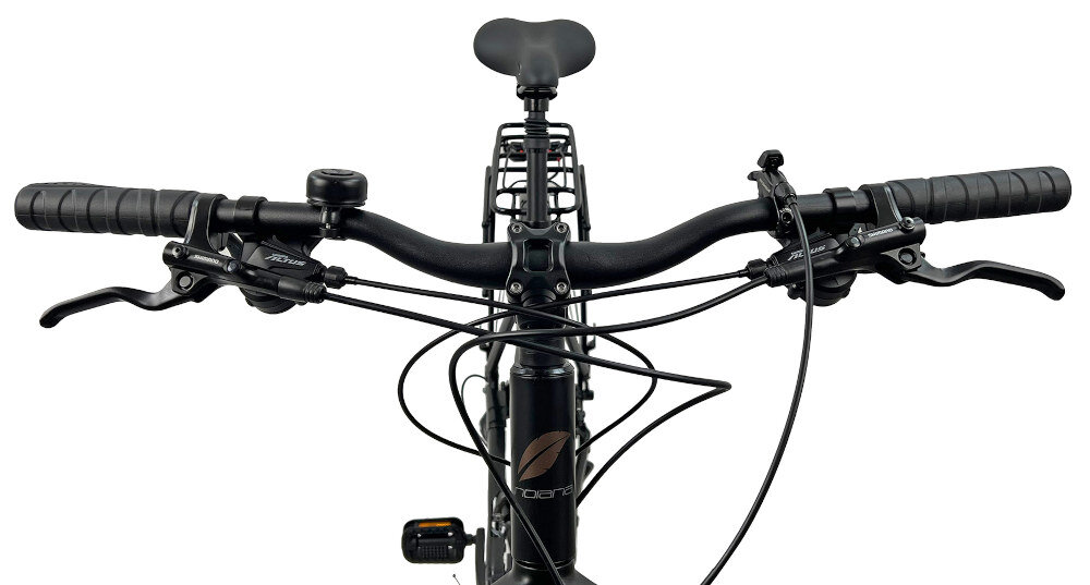 Rower trekkingowy INDIANA X-Road 5.0 M21 28 cali męski Czarno-szaro-brązowy aluminiowa kierownica marki MODE lekka antyposlizgowy material na manetkach dzwonek