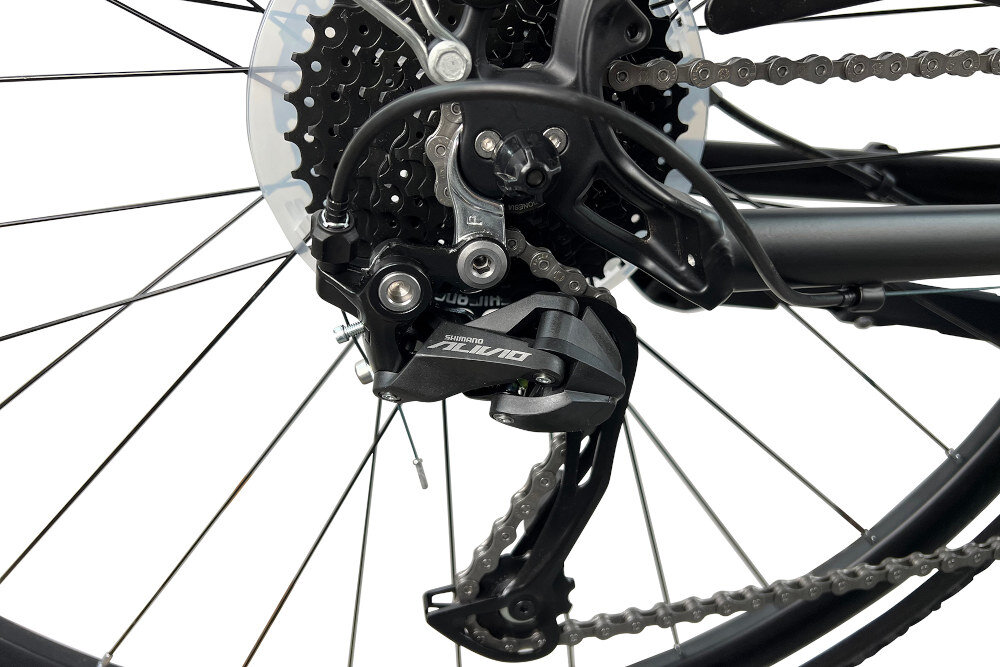 Rower trekkingowy INDIANA X-Road 5.0 M21 28 cali męski Czarno-szaro-brązowy 27 biegow przerzutki SHIMANO Alivio dziewieciorzedowe dla amatorow i uzytkownikow polprofesjonalnych duza wytrzymalosc sprawne dzialanie plynna bezproblemowa zmiana biegow cieche dzialanie