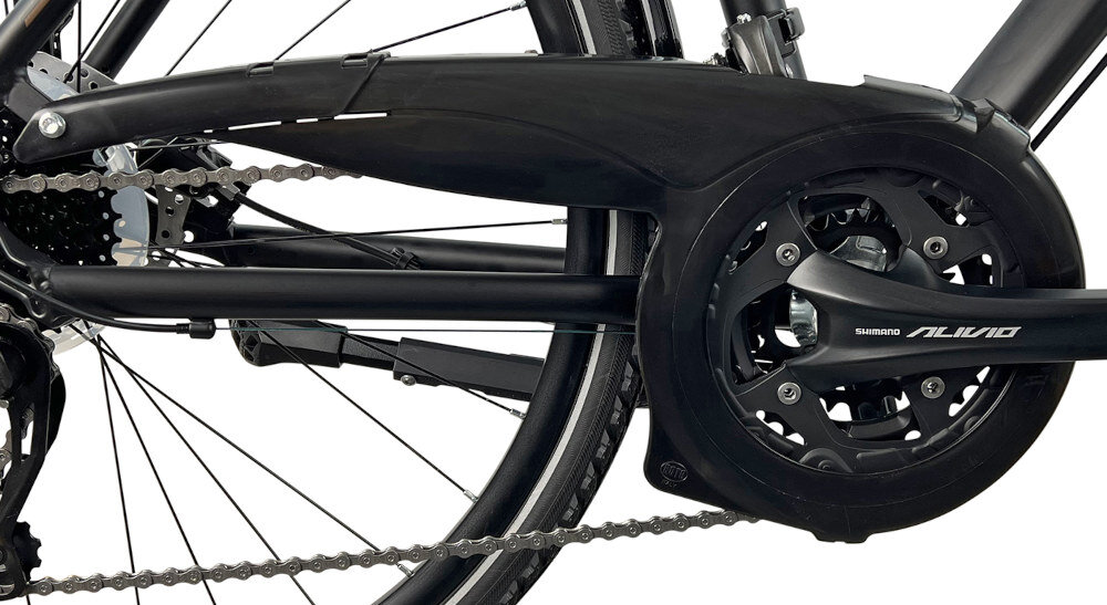Rower trekkingowy INDIANA X-Road 5.0 M21 28 cali męski Czarno-szaro-brązowy korba SHIMANO Alivio FC-T4060 efektywne przenoszenie mocy przez pedaly wklad suportu SHIMANO CS-HG200 11-34 9 Speed niezrownana solidnosc w najtrudniejszych warunkach lancuch oslona ochrona przed brudem